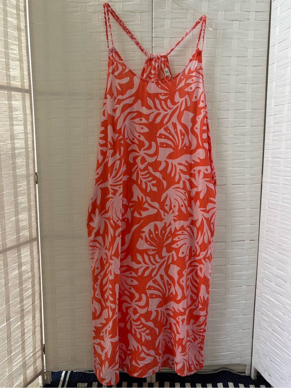 Rachel Zoe XL Coral White Printed Summer Maxi Dress Cruise Pockets Beach Patio